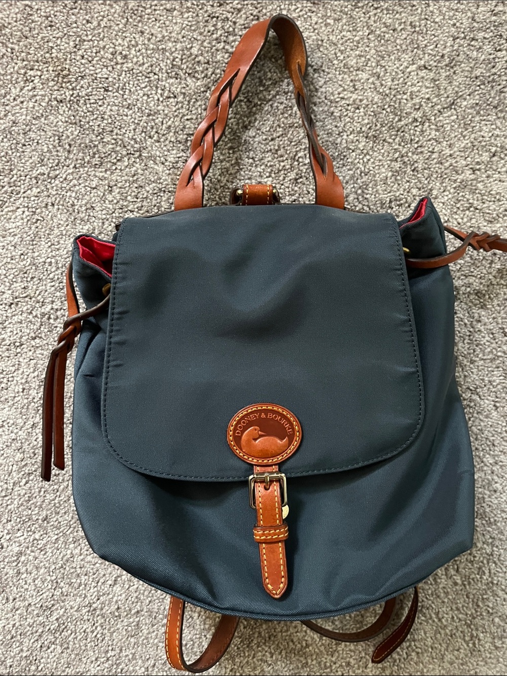 Dooney & Bourke Black Nylon Backpack with Brown Leather Trim and Red Lining